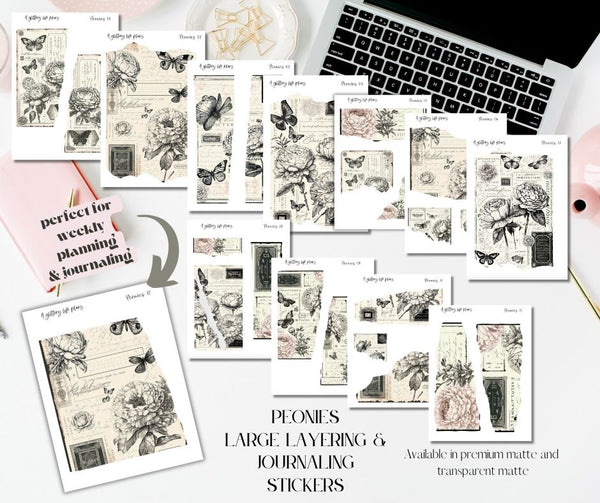 Peonies Layering Large Deco Stickers for Planners and Journals
