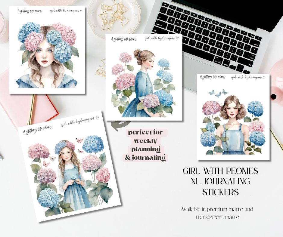 Girl with Hydrangeas  XL Large Deco Stickers for Planners and Journals