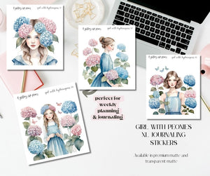 Girl with Hydrangeas  XL Large Deco Stickers for Planners and Journals