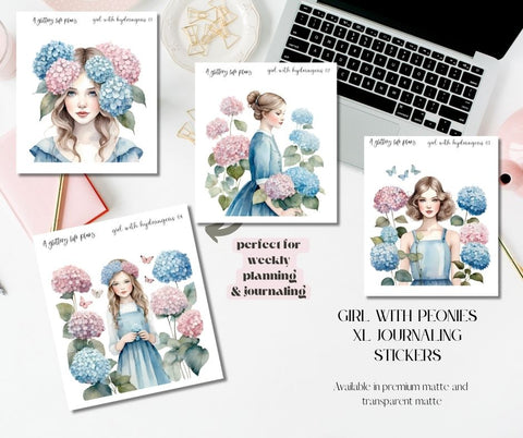 Girl with Hydrangeas  XL Large Deco Stickers for Planners and Journals