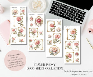 Framed Peony deco Sticker Sheet for Planners and Journals