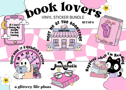 Book Lover Set of 6 Vinyl Stickers for Kindles, Planners and Journals