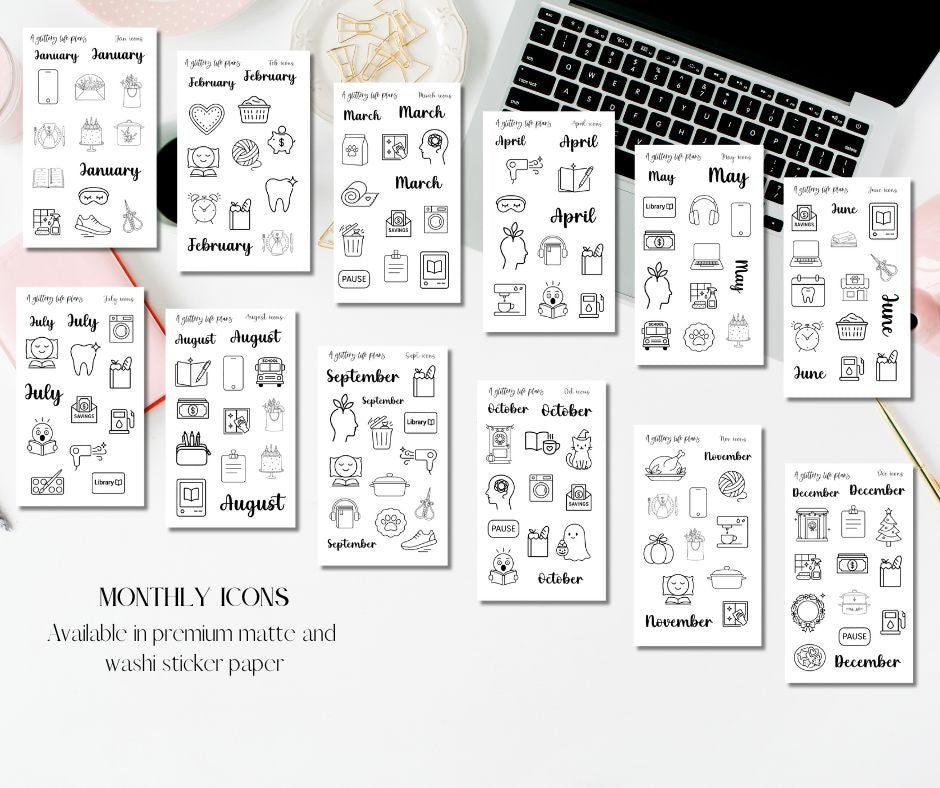 Monthly Icons Bundle of Decorative Stickers for Planners and Journals