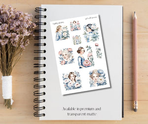 Girl with Peonies XL deco Sticker Sheet for Planners and Journals