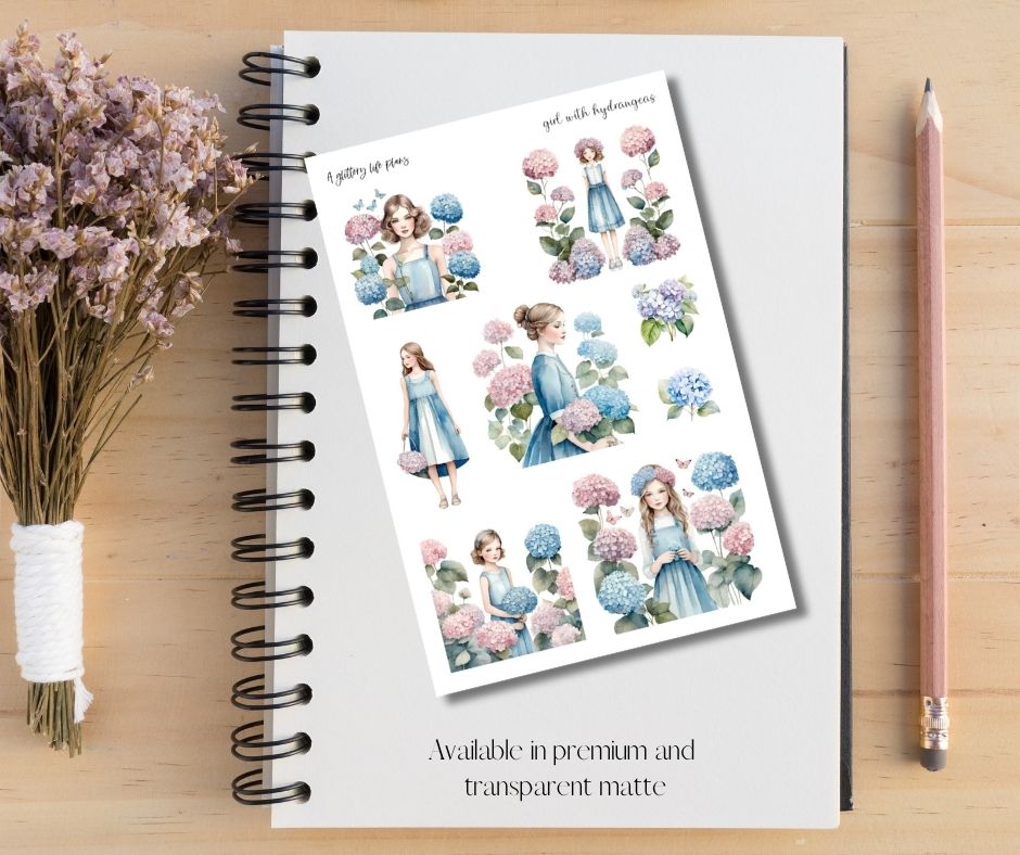 Girl with Hydrangeas XL deco Sticker Sheet for Planners and Journals