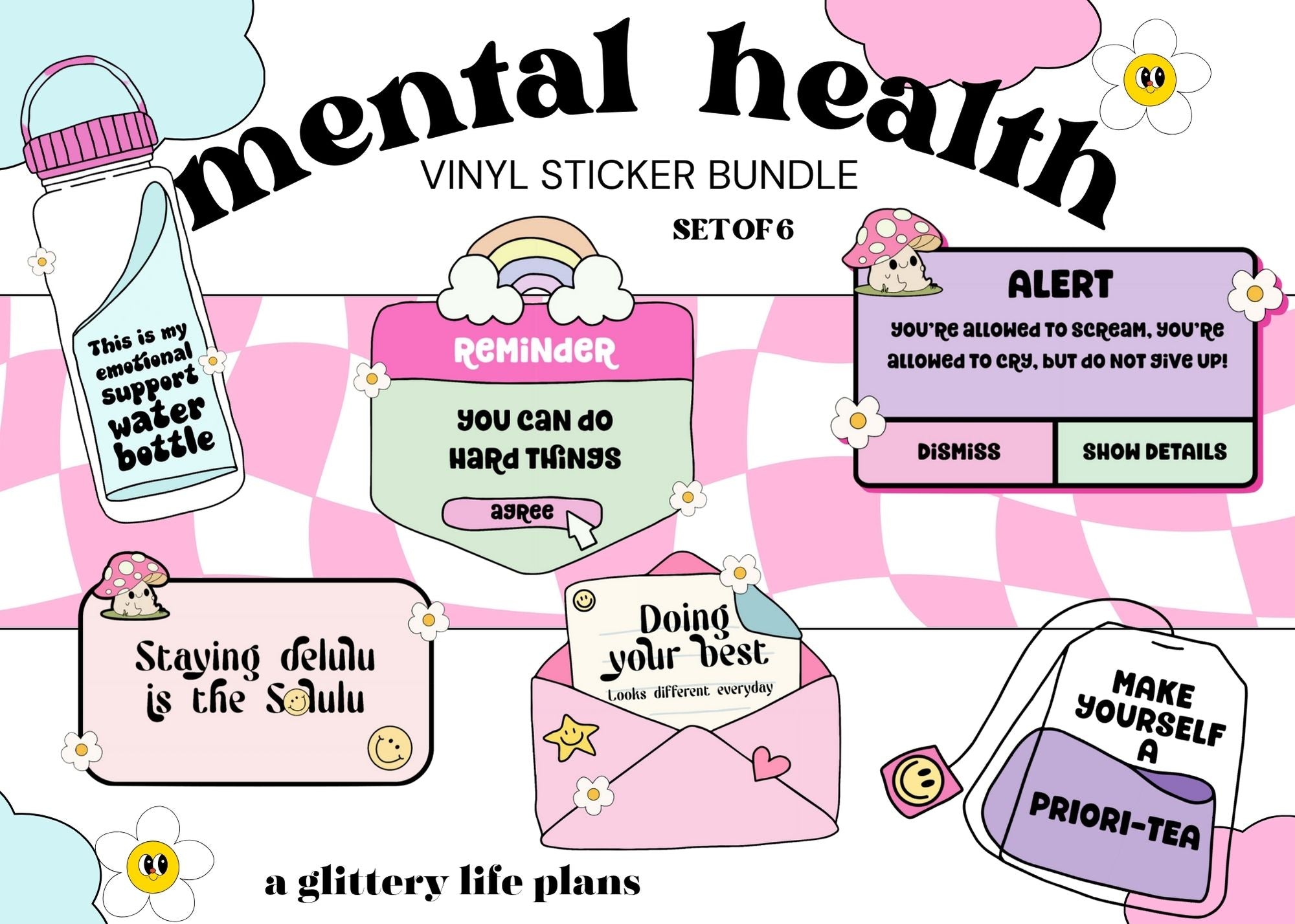 Mental Health Set of 6 Vinyl Stickers for Kindles, Planners and Journals