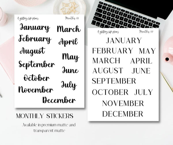 Black Script and Text Monthly Planner Sticker Sheets
