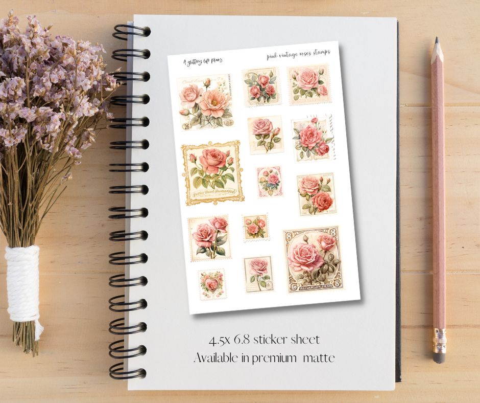 Pink Roses Vintage Stamps  XL Sticker Sheet for Planners and Journals