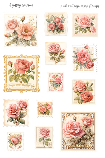 Pink Roses Vintage Stamps  XL Sticker Sheet for Planners and Journals