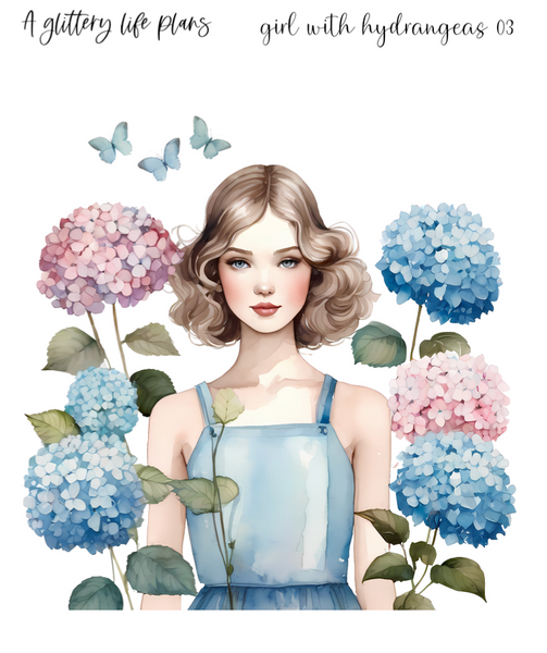 Girl with Hydrangeas  XL Large Deco Stickers for Planners and Journals