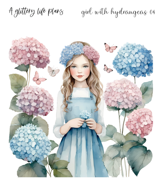 Girl with Hydrangeas  XL Large Deco Stickers for Planners and Journals