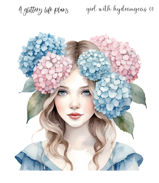 Girl with Hydrangeas  XL Large Deco Stickers for Planners and Journals