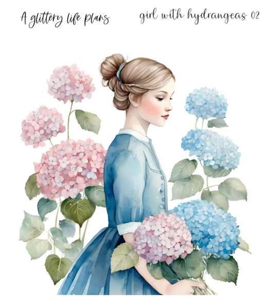 Girl with Hydrangeas  XL Large Deco Stickers for Planners and Journals