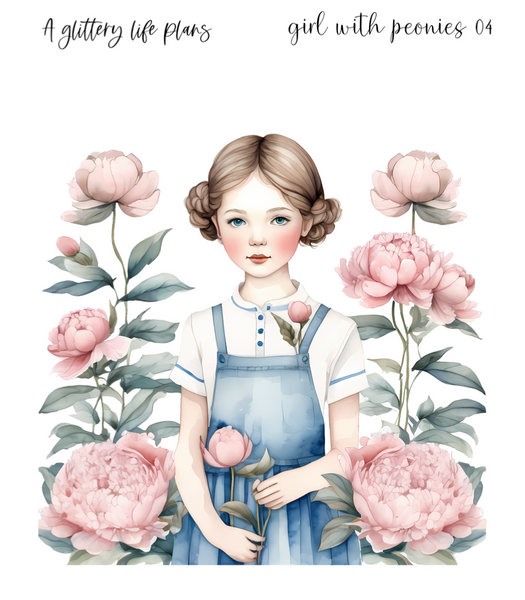 Girl with Peonies XL Large Deco Stickers for Planners and Journals