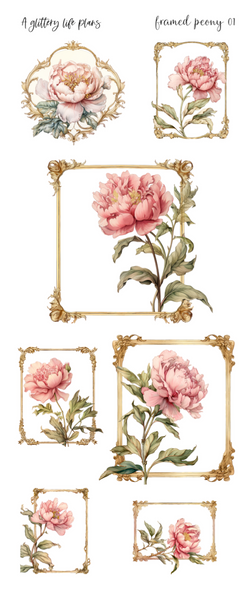 Framed Peony deco Sticker Sheet for Planners and Journals